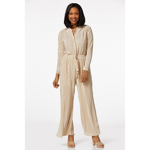 Cato Pleated Champagne Jumpsuit Pants  Long Sleeve Size 18/20W - Picture 1 of 15